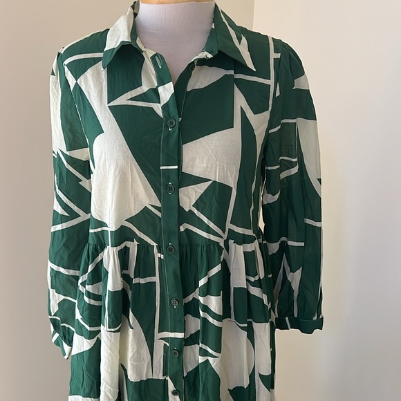 New! Zara small green combo geometric print front button ruffled hem dress. - Picture 5 of 14